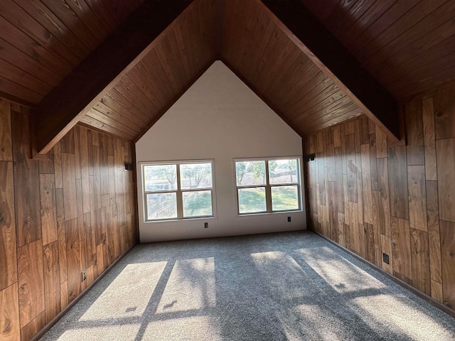 bonus room featuring wood ceiling, lofted ceiling with beams, and carpet flooring