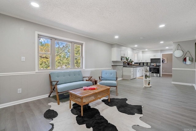 living room with light hardwood / wood-style floors and a textured ceiling