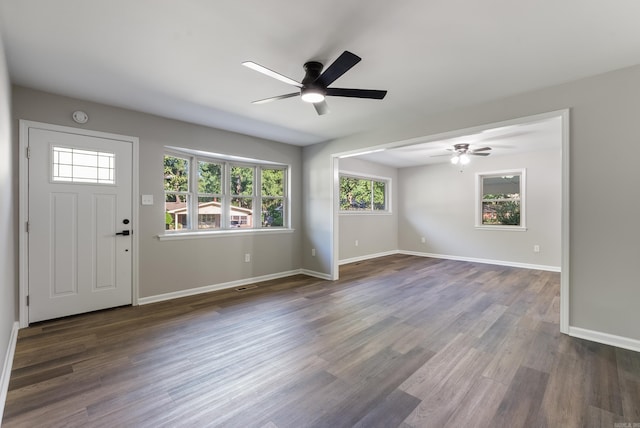 entryway featuring ceiling fan, dark hardwood / wood-style flooring, and a wealth of natural light