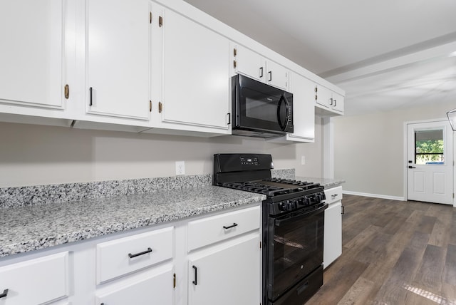 kitchen with light stone countertops, black appliances, dark hardwood / wood-style flooring, and white cabinetry