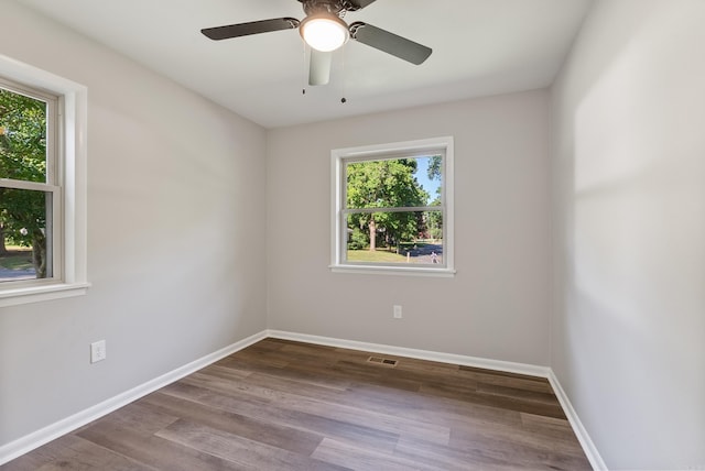 spare room featuring ceiling fan, a wealth of natural light, and wood-type flooring