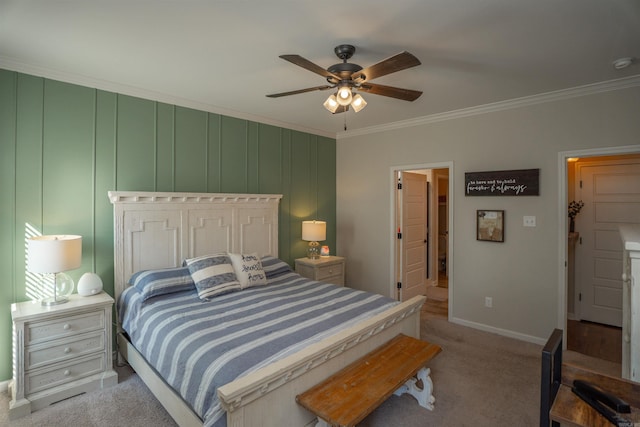 bedroom featuring crown molding, light carpet, and ceiling fan