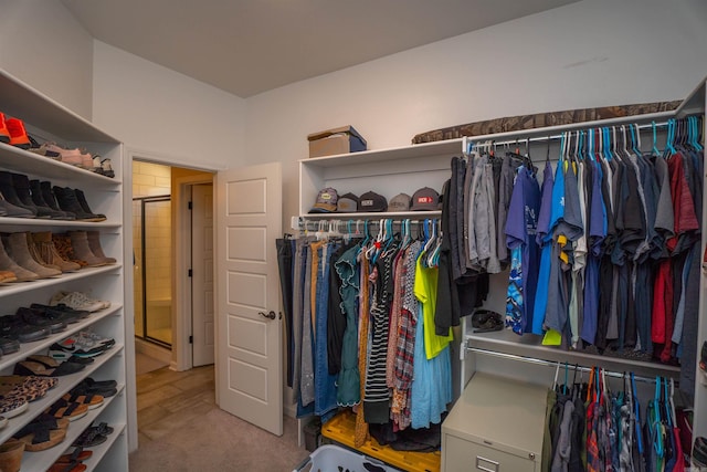 walk in closet featuring light carpet