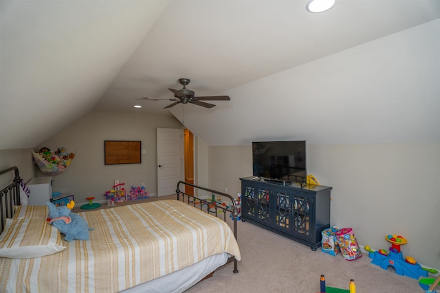 bedroom featuring lofted ceiling, carpet, and ceiling fan