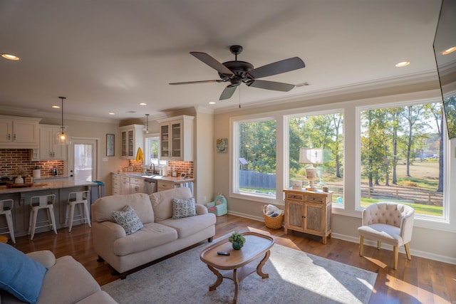 living room featuring crown molding, sink, wood-type flooring, and ceiling fan