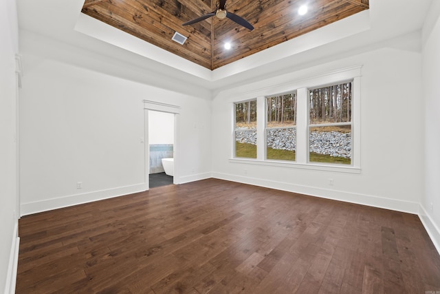 unfurnished room with dark hardwood / wood-style floors, ceiling fan, a raised ceiling, and wood ceiling