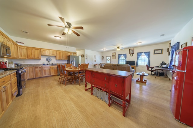 kitchen with ceiling fan, stainless steel appliances, and light hardwood / wood-style floors