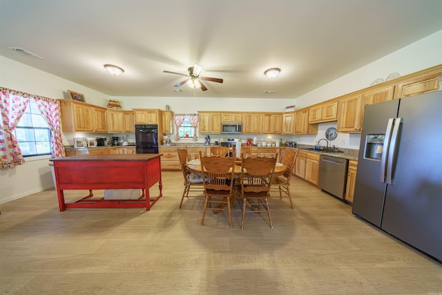 kitchen featuring appliances with stainless steel finishes, sink, and ceiling fan