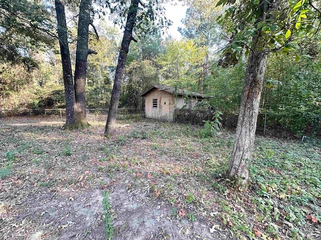 view of yard featuring a storage shed