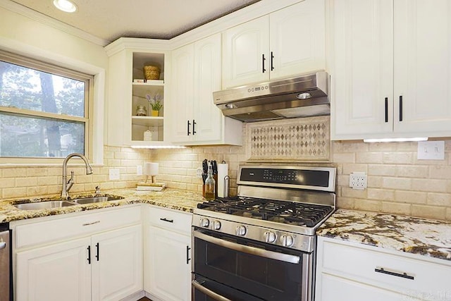 kitchen featuring tasteful backsplash, sink, stainless steel appliances, light stone countertops, and white cabinetry