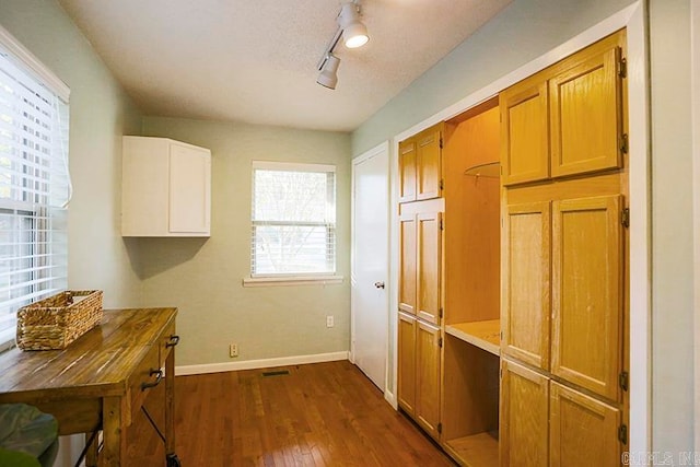 kitchen with dark hardwood / wood-style flooring, a textured ceiling, and track lighting