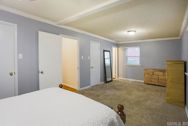 carpeted bedroom with crown molding