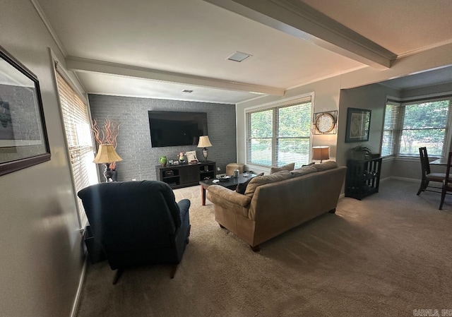 carpeted living room featuring crown molding and beam ceiling