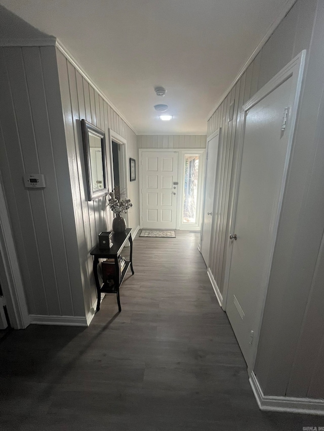 hallway featuring crown molding, dark hardwood / wood-style flooring, and wooden walls