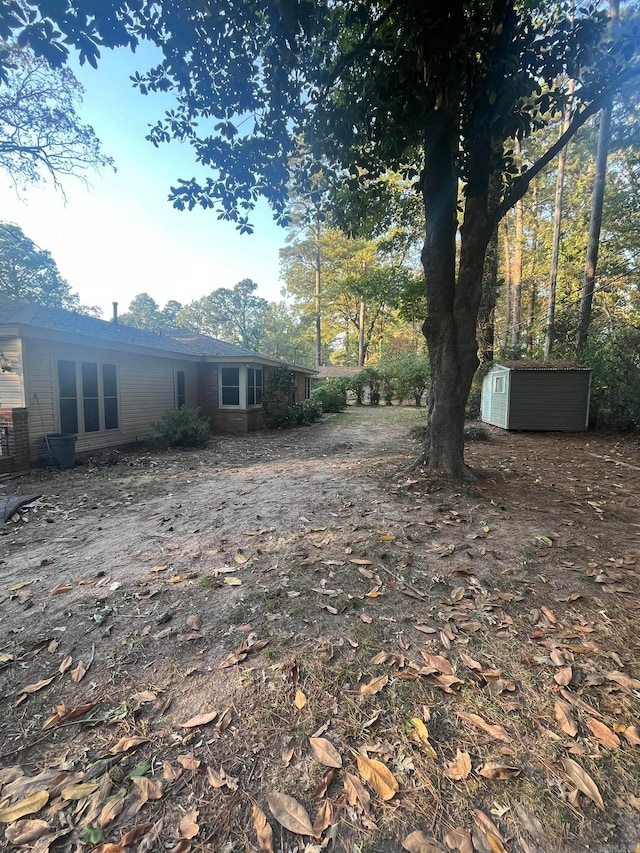 view of yard with a storage shed