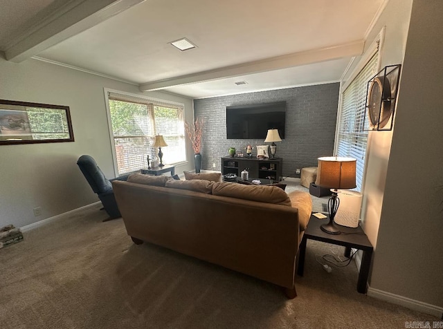 carpeted living room featuring crown molding and beam ceiling