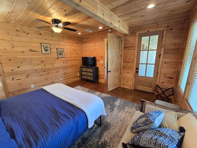 bedroom with ceiling fan, dark wood-type flooring, wood walls, and beam ceiling