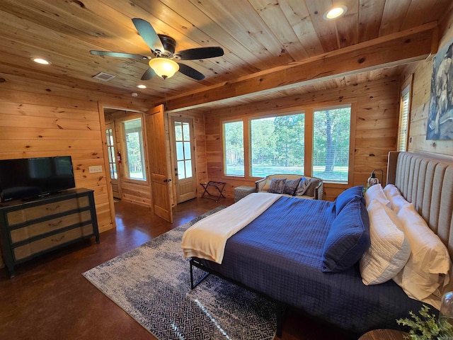 bedroom with wood walls, wood ceiling, and ceiling fan