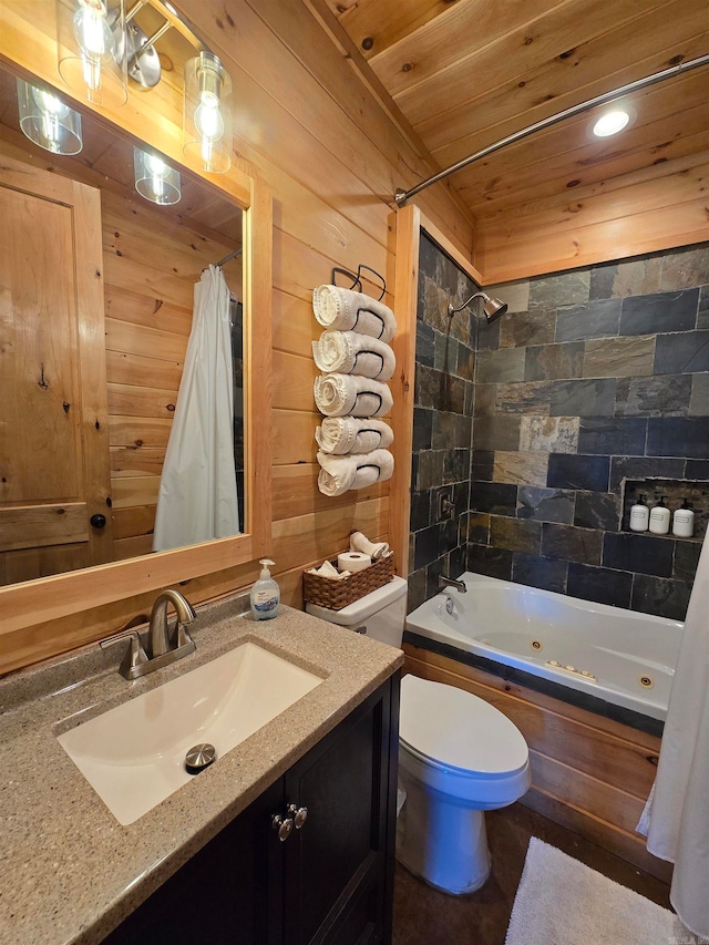 full bathroom featuring vanity, wood ceiling, shower / bath combo, wood walls, and toilet