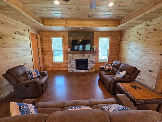 living room with wooden walls, a fireplace, plenty of natural light, and wooden ceiling