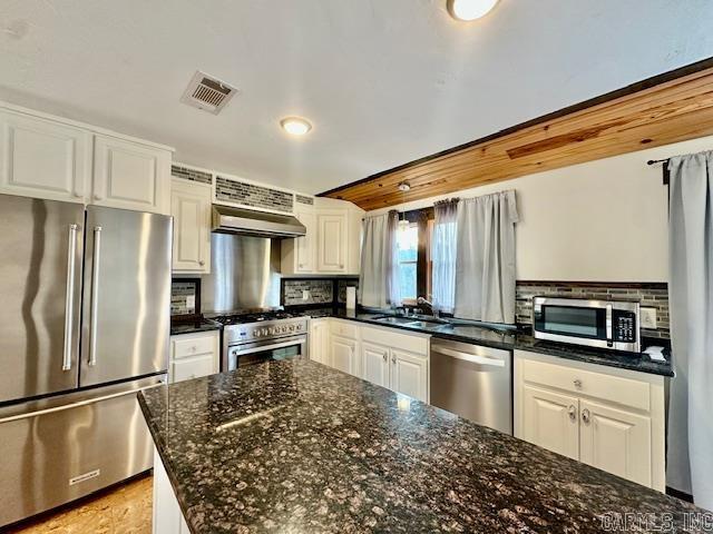 kitchen with dark stone counters, extractor fan, sink, high quality appliances, and white cabinets