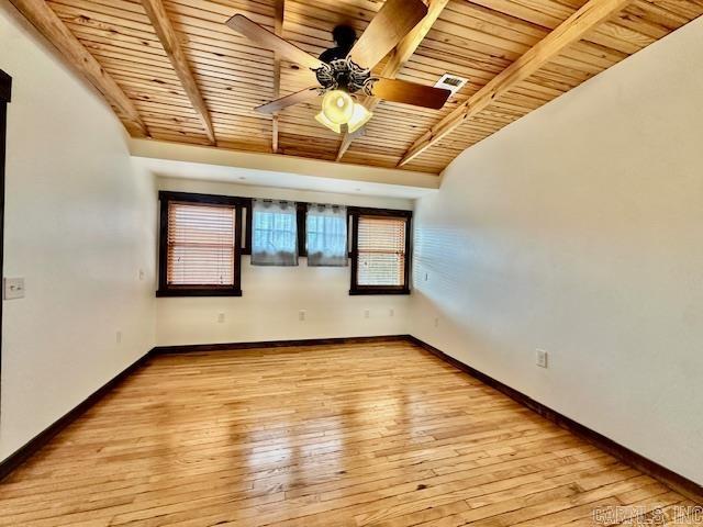 unfurnished room featuring vaulted ceiling with beams, light wood-type flooring, ceiling fan, and wood ceiling