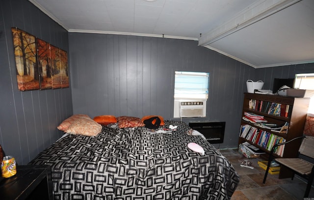 bedroom featuring ornamental molding, wooden walls, lofted ceiling with beams, and cooling unit