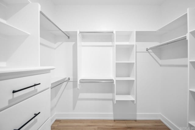 walk in closet with light wood-style floors