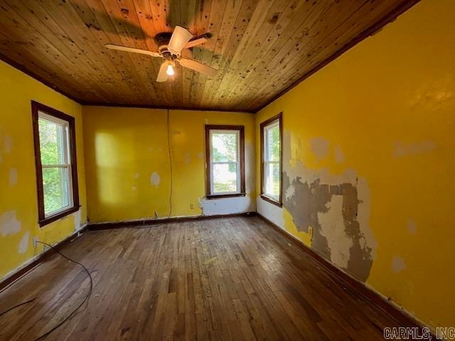 empty room with wooden ceiling, dark hardwood / wood-style flooring, and ceiling fan