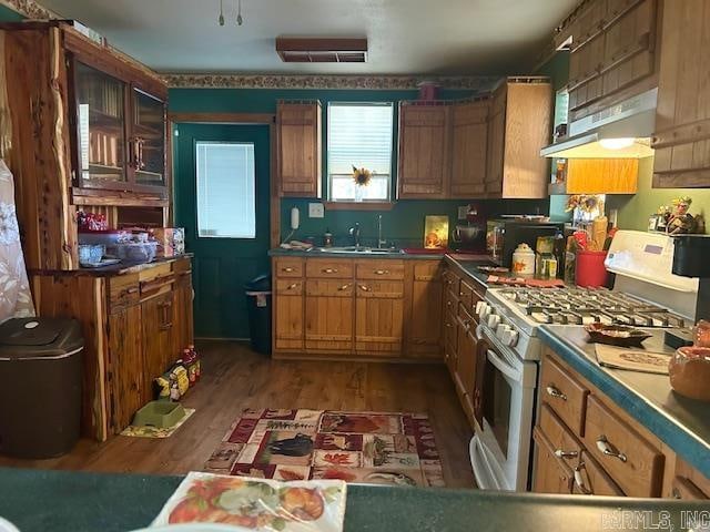 kitchen with sink, white range with gas stovetop, and dark hardwood / wood-style flooring