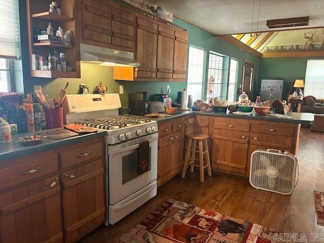 kitchen with white gas stove, kitchen peninsula, dark wood-type flooring, and vaulted ceiling