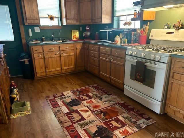 kitchen with sink, dark hardwood / wood-style flooring, extractor fan, and white gas range oven