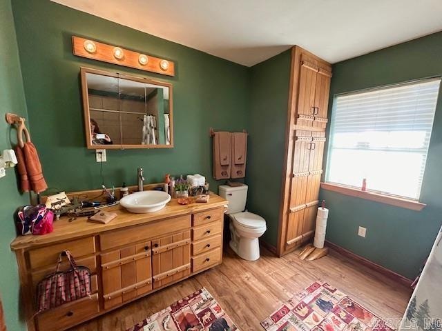 bathroom with vanity, hardwood / wood-style flooring, and toilet