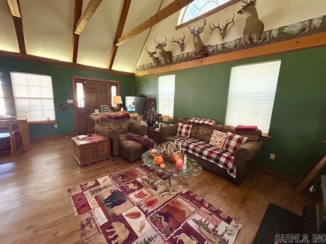 living room with high vaulted ceiling, a healthy amount of sunlight, and wood-type flooring