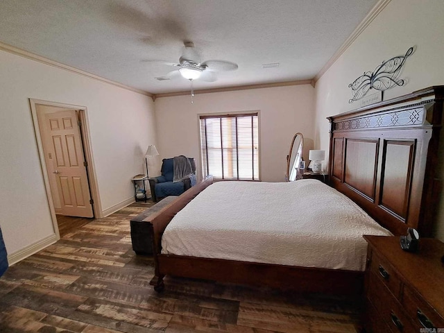 bedroom with ornamental molding, ceiling fan, dark hardwood / wood-style floors, and a textured ceiling