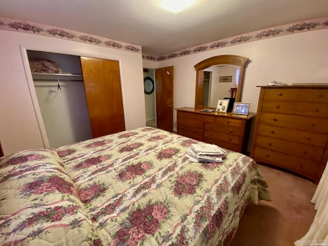 bedroom featuring light colored carpet and a closet