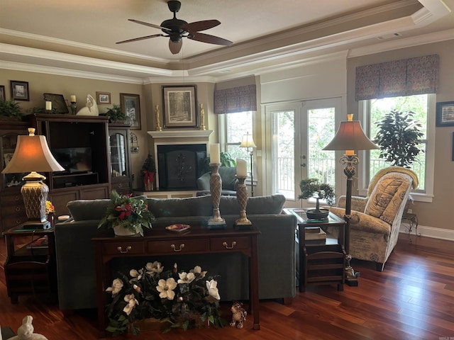 22 Alta Way, Hot Springs Village, AR 71909 - living area featuring a tray ceiling, ceiling fan, wood finished floors, and ornamental molding