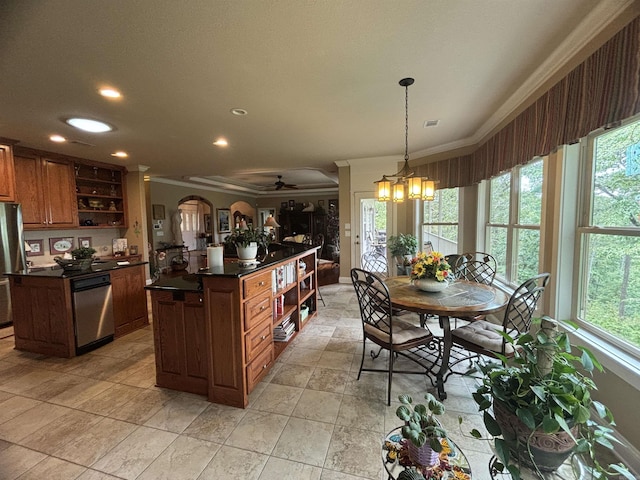 22 Alta Way, Hot Springs Village, AR 71909 - kitchen featuring open shelves, stainless steel appliances, dark countertops, ornamental molding, and recessed lighting