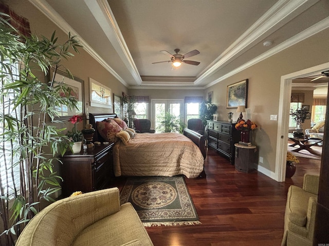 22 Alta Way, Hot Springs Village, AR 71909 - bedroom with a raised ceiling, multiple windows, wood finished floors, baseboards, and crown molding