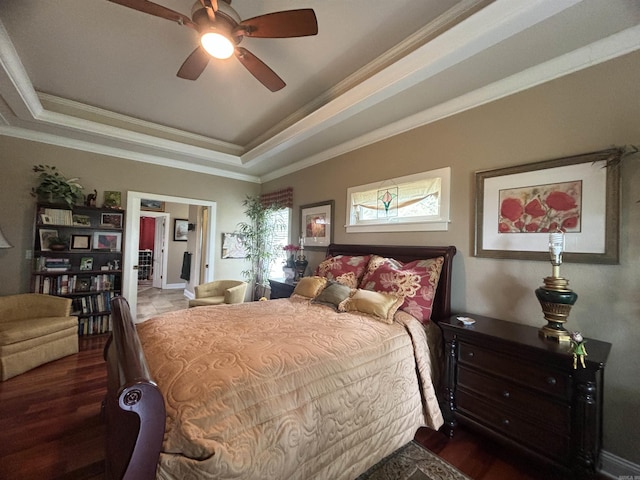 22 Alta Way, Hot Springs Village, AR 71909 - bedroom with ornamental molding, a raised ceiling, wood finished floors, and a ceiling fan