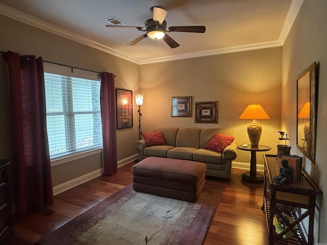 22 Alta Way, Hot Springs Village, AR 71909 - living area featuring wood finished floors, a ceiling fan, baseboards, and ornamental molding