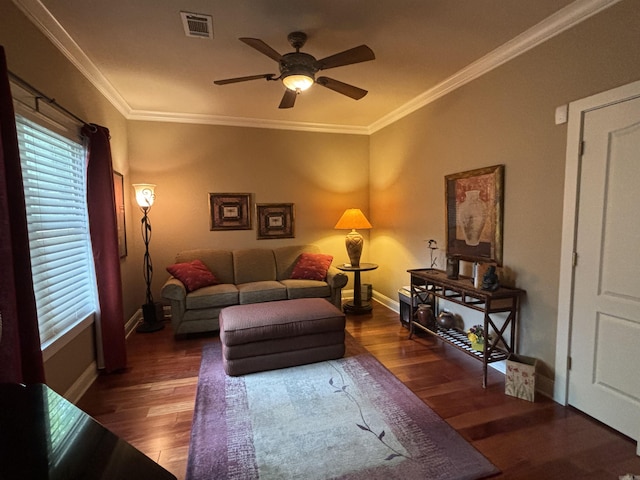 22 Alta Way, Hot Springs Village, AR 71909 - living room featuring a ceiling fan, wood finished floors, ornamental molding, and baseboards