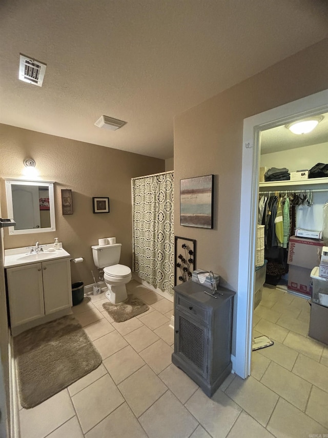 22 Alta Way, Hot Springs Village, AR 71909 - full bathroom with toilet, tile patterned flooring, vanity, a shower with curtain, and a wood stove