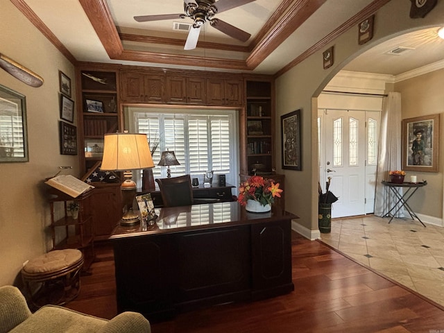 22 Alta Way, Hot Springs Village, AR 71909 - office with arched walkways, crown molding, ceiling fan, wood-type flooring, and baseboards