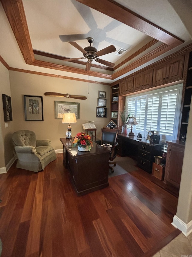 22 Alta Way, Hot Springs Village, AR 71909 - office space with crown molding, a ceiling fan, a tray ceiling, wood finished floors, and baseboards