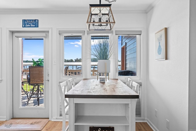 dining room featuring crown molding, a wealth of natural light, and hardwood / wood-style floors