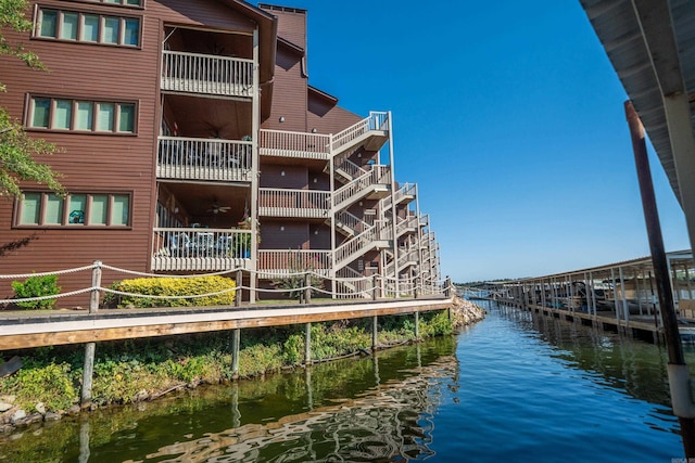 view of building exterior featuring a water view