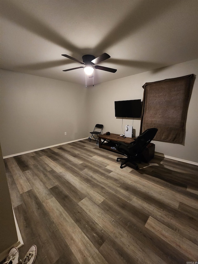 exercise area featuring ceiling fan and dark hardwood / wood-style flooring