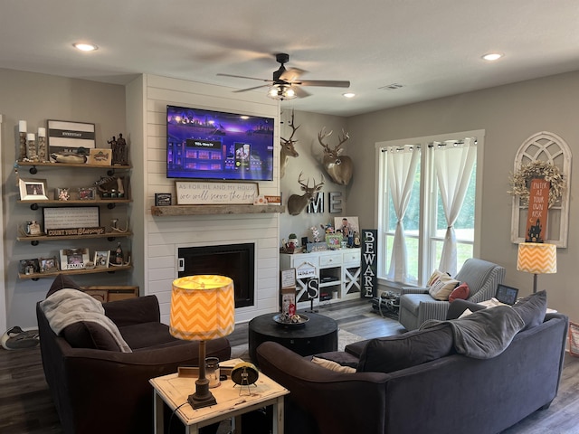 444 W Pleasant Springs Rd, Quitman, AR 72131 - living room featuring a ceiling fan, wood finished floors, a large fireplace, visible vents, and recessed lighting
