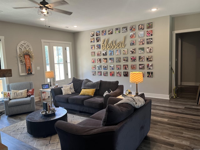 444 W Pleasant Springs Rd, Quitman, AR 72131 - living room with baseboards, a ceiling fan, dark wood-style floors, and recessed lighting